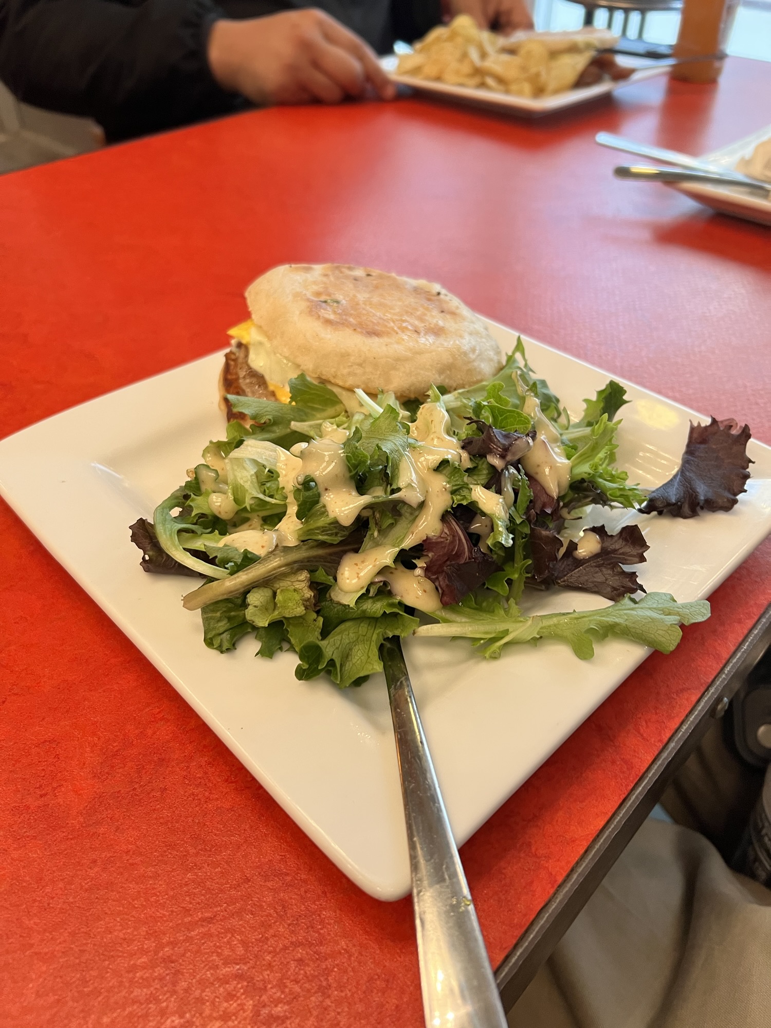 breakfast sandwich and salad